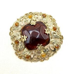 VTG Florenza Stamped Gold Large Amber Faceted Stone Etruscan Revival Brooch